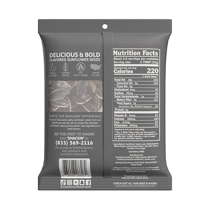 SMACKIN' - Jumbo Roasted Sunflower Seeds, No Salty Burn, American Made, Easy Pour & Seal - Cracked Pepper, 4oz bag (12 Bags)