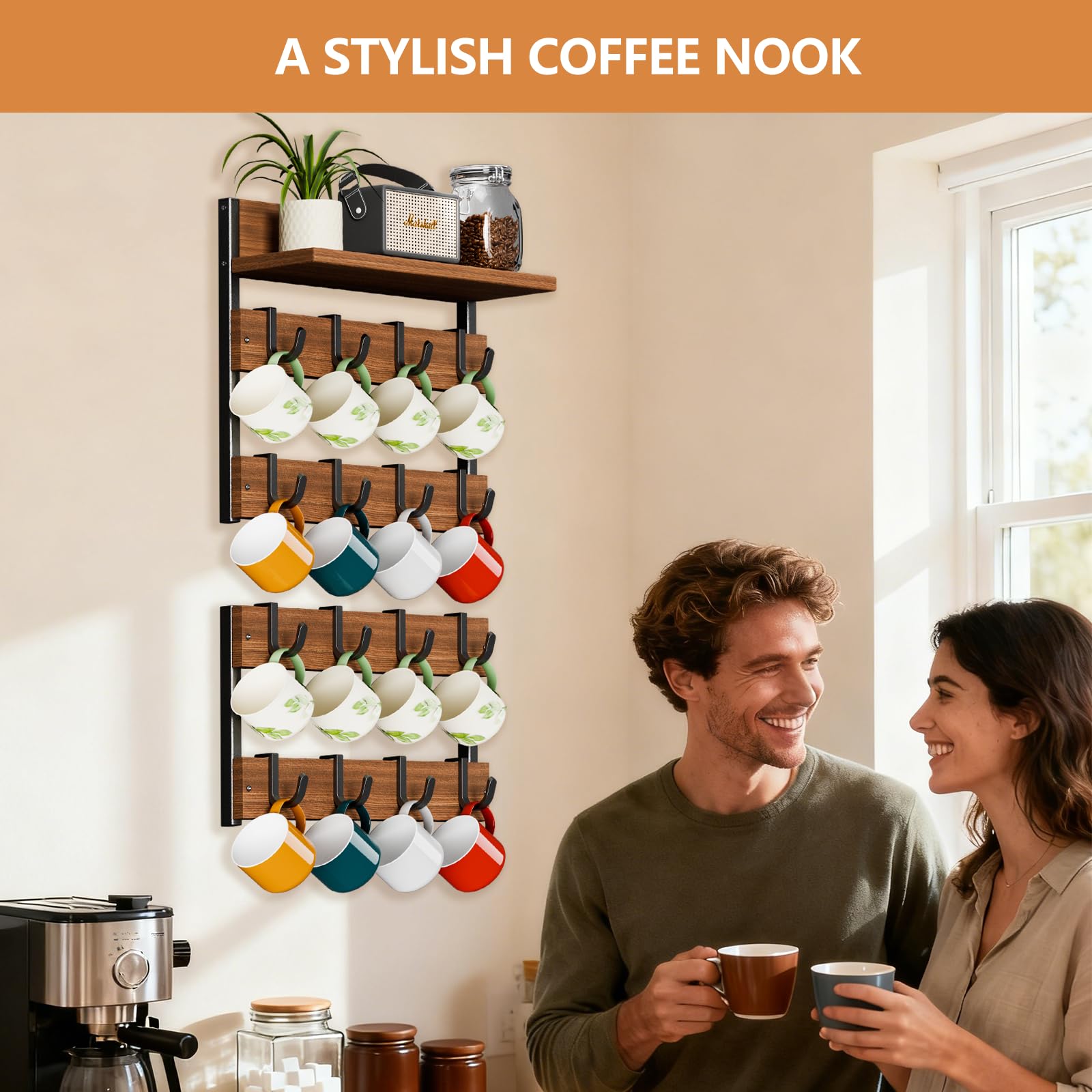 Dhmkfly 2-in-1 Coffee Cup Holder Wall Mounted with 16 Adjustable Hooks
