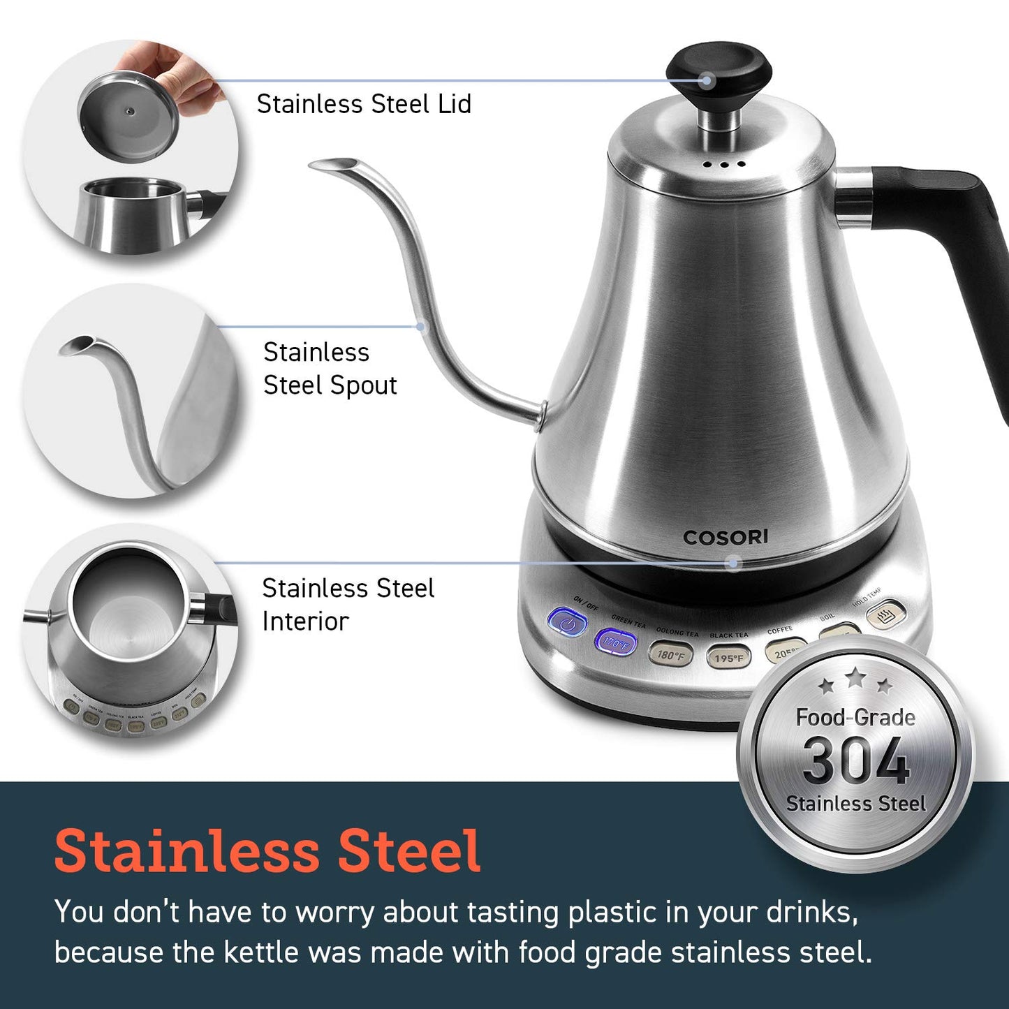 Cosori Gooseneck Electric Kettle with Temperature Control, 0.8L, Silver