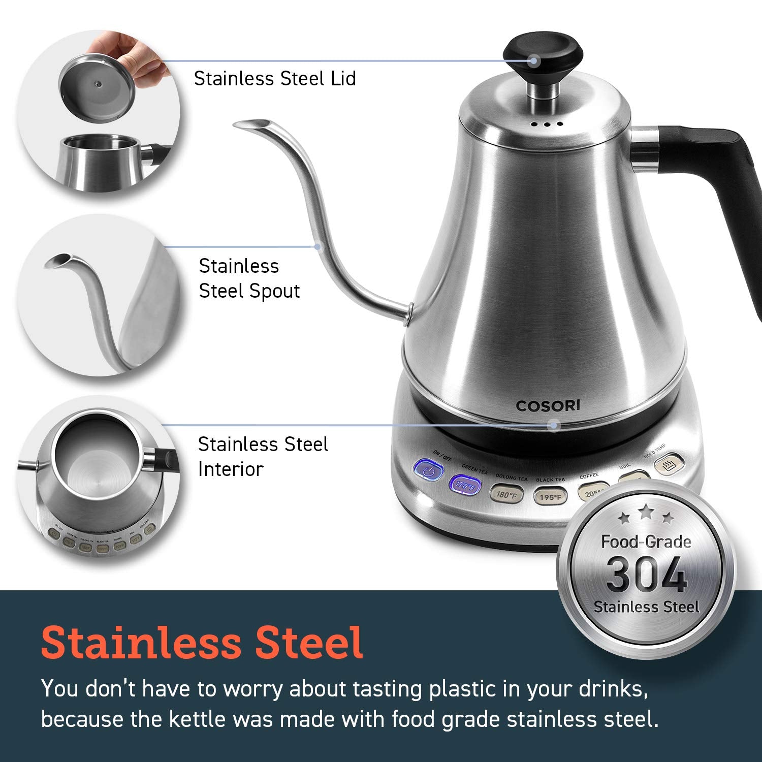 Cosori Gooseneck Electric Kettle with Temperature Control, 0.8L, Silver