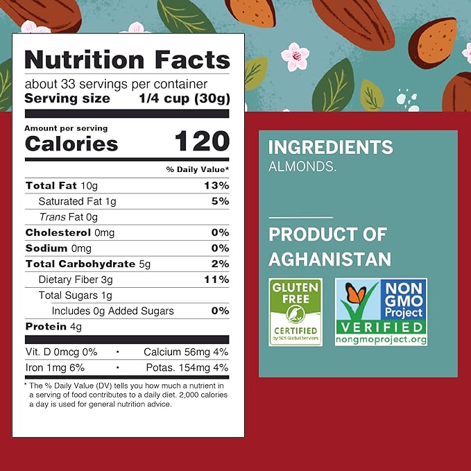Ziba Foods Heirloom Gurbandi Raw Almonds | Non-GMO, Vegan, Whole 30 Friendly, Keto & Paleo | Heirloom Superfood Naturally High In Vegan Protein & Omega 3s, 2.2 lbs
