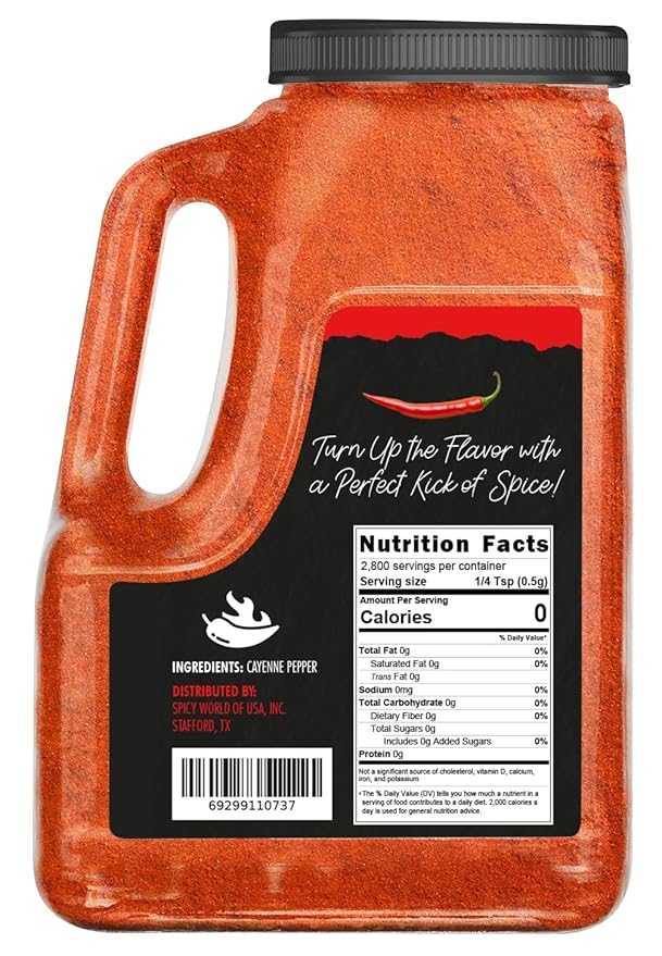 Spicy World Hot Cayenne Pepper Powder Bulk 5 LBS Jar - Red Ground Pepper 50,000 SHU Heat Unit - Gluten Free All Natural Red Pepper- Freshly Packed In USA, For Commercial & Home Use