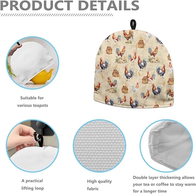 Hudotybom Chicken Tea Cozy for Teapot Insulated Large Teapot Cover to Keep Warm Tea Kettle Cover Machine Washable Coffee Pot Cloth Covers Kitchen Home Decorations for Housewife Mom