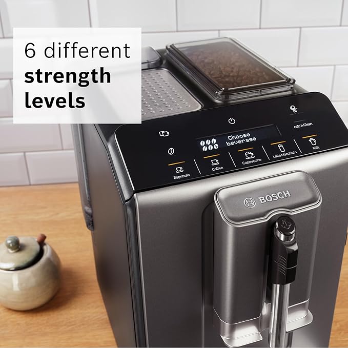 Bosch TIU20508 300 Series Fully Automatic Espresso Machine with Milk Express (in-cup frother), LCD + Touch Control Panel, Cup Warmer, OneTouch Milk-based Beverages and 5 Beverage Options, Dark Silver