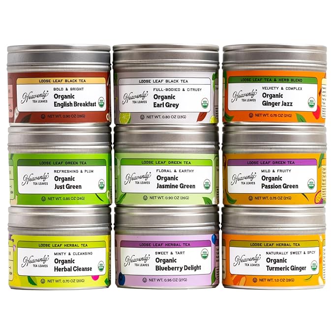Heavenly Tea Leaves Organic Loose Leaf Tea Sampler Set (Approx. 90 Cups) - Assortment of Black Tea, Green Tea, Herbal Tea - High to No Caffeine - Great Hot or Iced - Premium Assorted Gifts Set