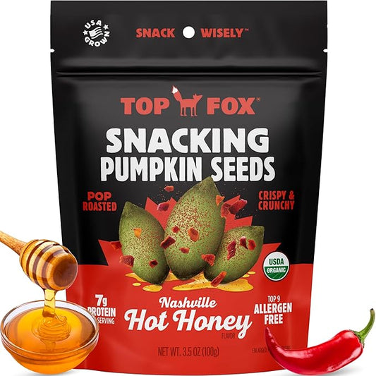 TOP FOX Snacks - Organic Pop-Roasted Pumpkin Seeds | Healthy Protein Snacks - Gluten Free - Keto and Vegan Friendly (Nashville Hot Honey, 3.5 oz - 6 Pack)