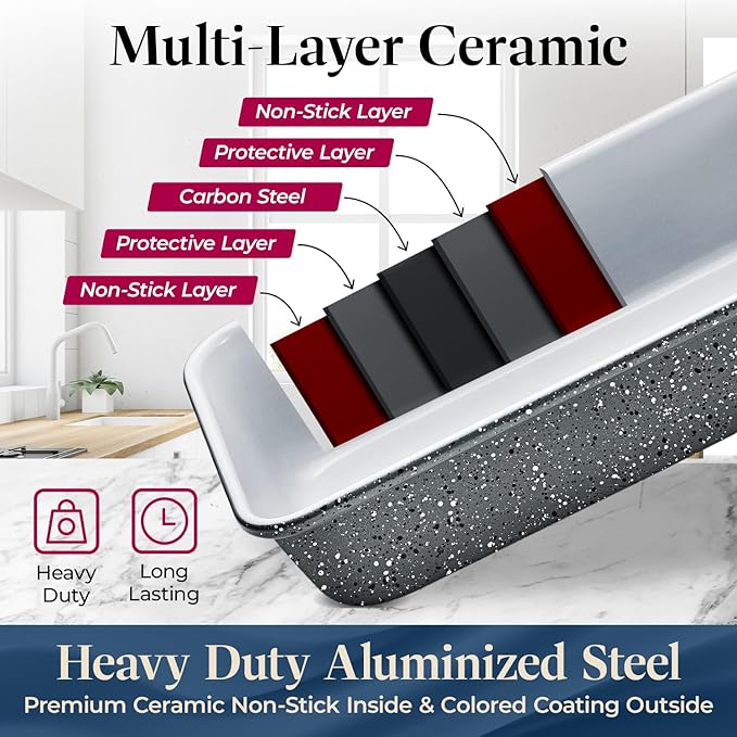 Bakken 8-Piece Stackable Bakeware Set - Ceramic Non-Stick Coating, Baking Sheets, Assorted Baking Pans, PTFE, PFOA & PFOS Free - Healthy Baking, Ergonomic Handles, Cooling Rack, Non-Toxic, Oven-Safe