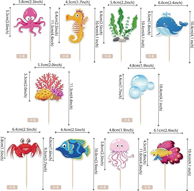40 Pack Marine Animal Cupcake Toppers Glitter Starfish Hippocampus Seaweed Ocean Sea Animal Creature Marine Cupcake Picks Kids Birthday Baby Shower Summer Cake Decorations Style 1