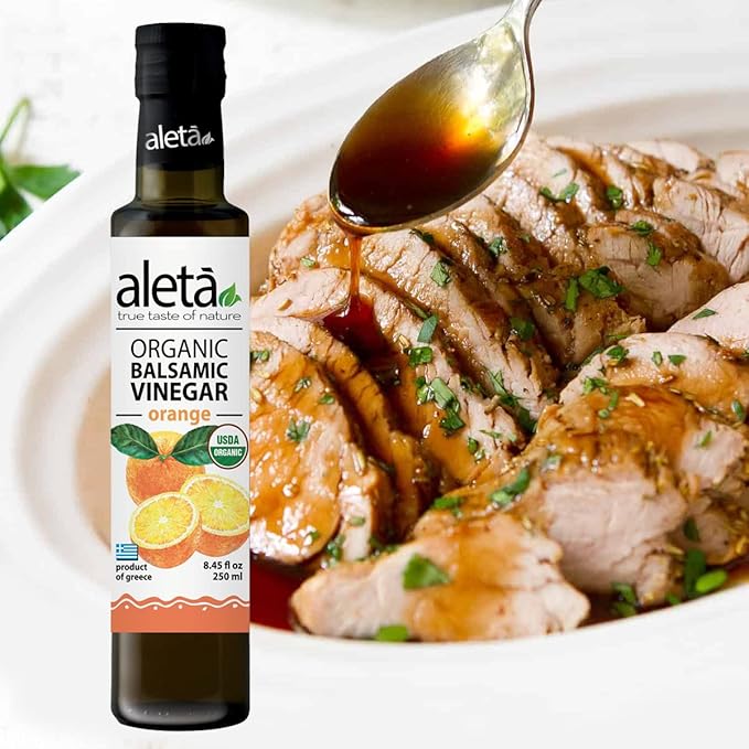 Aleta Farms Balsamic Vinegar, Greek Organic Orange Infused Aged Balsamic Vinegar, USDA Organic, Perfect for Salad Dressings, Pasta, Desserts & Cocktails, Glass Bottle, 8.45 fl oz (Orange)
