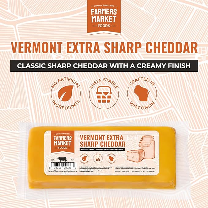 Farmers Market, Gluten Free, Keto, Paleo, Low Sodium, Zero Sugar, Wisconsin Cheese, 1-Pack, Vermont Extra Sharp Cheddar