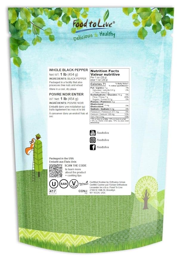 Food to Live - Whole Black Pepper, 1 Pound Dried Peppercorns, Kosher, Vegan, Bulk Spice. Strong Pungent Flavor. Rich in Minerals. Great for Spicing, Seasoning. Perfect for Grinder Refill.