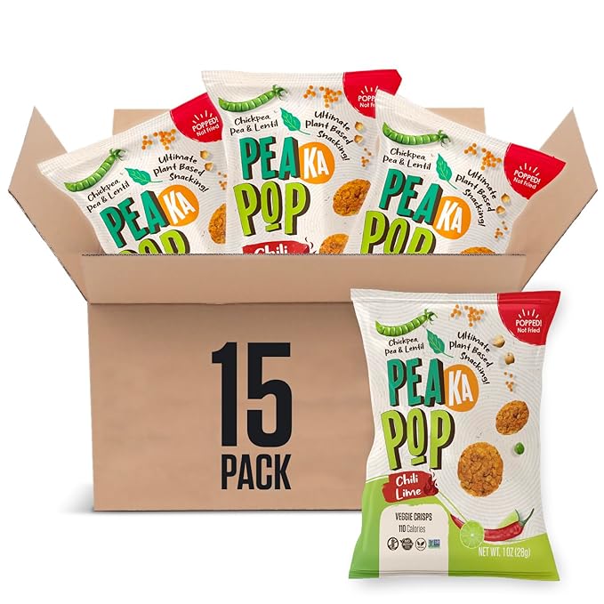 PeaKaPop Veggie Chips ??Plant-Based, Healthy Veggie Crisps with Pea, Lentil & Chickpea Protein ??Vegan, Gluten-Free, Popped Chips ??Snack Size for Kids & Adults ??1 oz Bags (15-Pack) ??Chili Lime