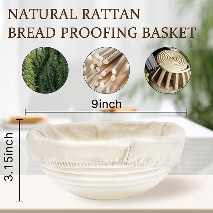 Banneton Sourdough Bread Baking Supplies: 2-Piece Rattan 9" Round Bread Proofing Basket set with Linen Liners - Non-Stick for Beginners & Home Bakers
