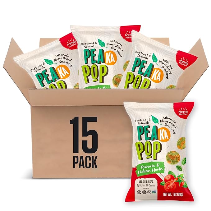 PeaKaPop Veggie Chips ??Plant-Based, Healthy Veggie Crisps with Pea, Lentil & Chickpea Protein ??Vegan, Gluten-Free, Popped Chips ??Snack Size for Kids & Adults ??1 oz Bags (15-Pack) ??Tomato & Italian Herbs
