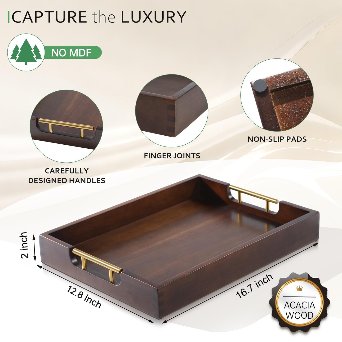 Joy&Grace Acacia Wood Ottoman Tray with Handles 16.7" x 12.8"