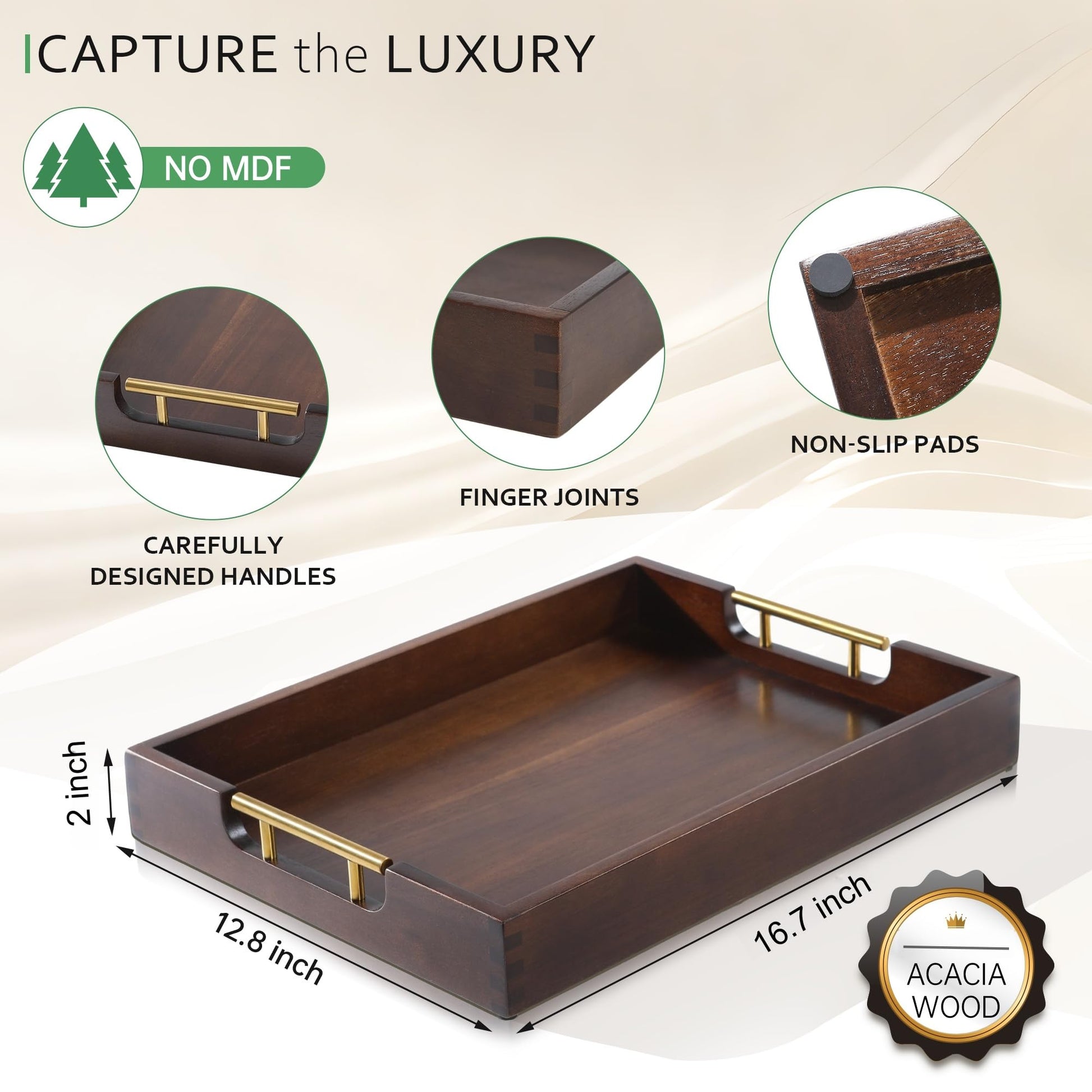 Joy&Grace Acacia Wood Ottoman Tray with Handles 16.7" x 12.8"