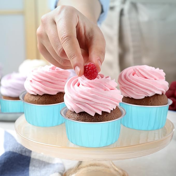 Gejoy 400 Pcs Aluminum Foil Baking Cups with Lids 5 oz Disposable Ramekins Mini Cake Pans Creme Brulee Cupcake Liners Muffin Tins Flan Mold Dessert Container for Wedding(Blue,Classic)
