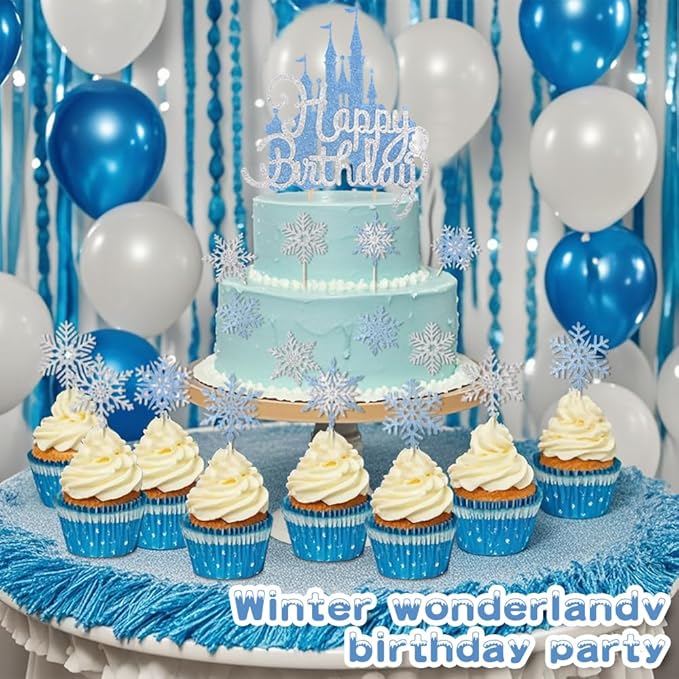 24 Pcs Silver Blue Ice Cupcake Toppers Glitter Snowflake Cupcake Toppers Winter Wonderland Cake Decorations for Princess Happy Birthday Baby Shower Party Supplies