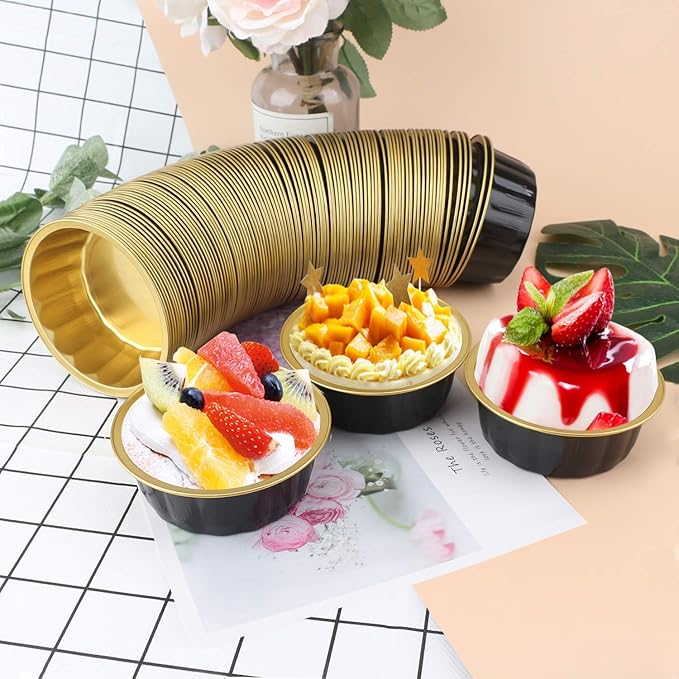 Beasea Disposable Baking Ramekins, 8 oz 100 Pack 3.9" 235ml Aluminum Foil Cups Bake Utility Ramekin Cup Souffle Cup Muffin Cupcake Baking Cup Mini Pudding Cups for Party Wedding Birthday - Black Gold