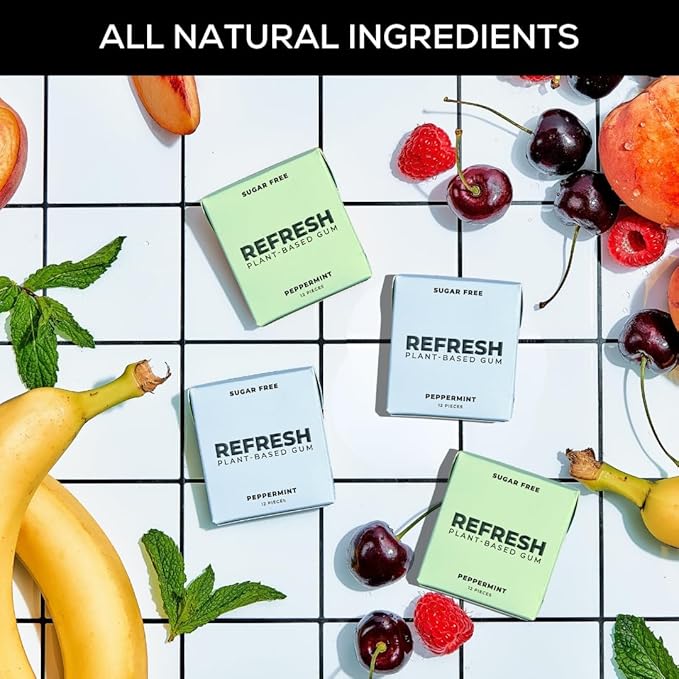 Refresh Gum, Xylitol, Sugar Free, Natural, Long Lasting Chewing Gum, Natural Flavors & Organic Ingredients, Plastic Free, Non GMO, Gluten Free, Vegan, Peppermint & Garden Mint) 5 Pack