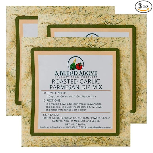 A Blend Above Roasted Garlic Parmesan Dip Mix Mixed Seasonings Packet, 1 oz (3 Pack), Gluten-Free, No MSG, All Natural, No Preservatives, Vegetable Dip, Keto Friendly, Low Carb, Easy to Make