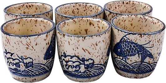 Porcelain Sake Cups of 6, Set of Cups for Japanese Wine Sake
