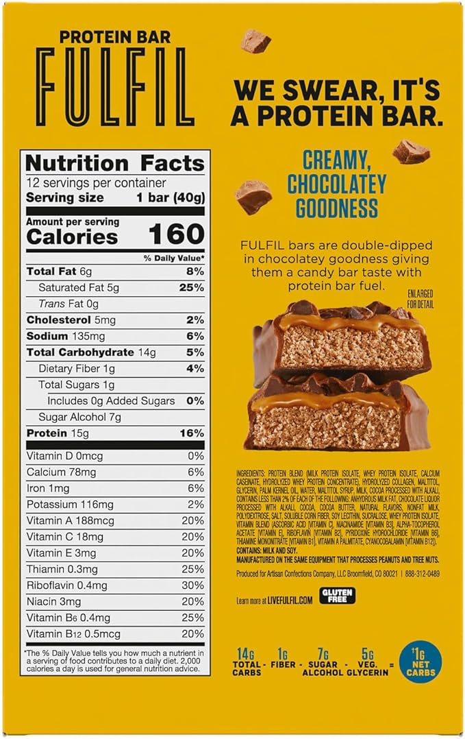 FULFIL Protein Snack Bars Flavored, Triple Chocolate, Gluten Free with 15g Protein, Pantry Staples, 12 Count