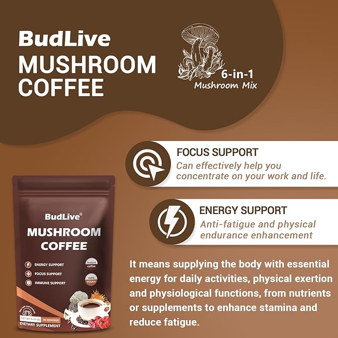 Mushroom Coffee - Instant Coffee Powder with Organic Lion?™s Mane, Reishi, Cordyceps, Turkey Tail, King Trumpet & Shiitake, Energy, Focus, Digestion & Immune Support, 30 Servings