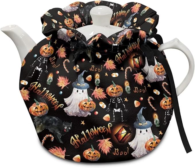 Pumpkin Tea Cozy for Teapot Insulated Ghost Tea Kettle Cover for All Saints' Day Party Keep Warm Tea Pot Cover with Drawstring Home Kitchen Decor