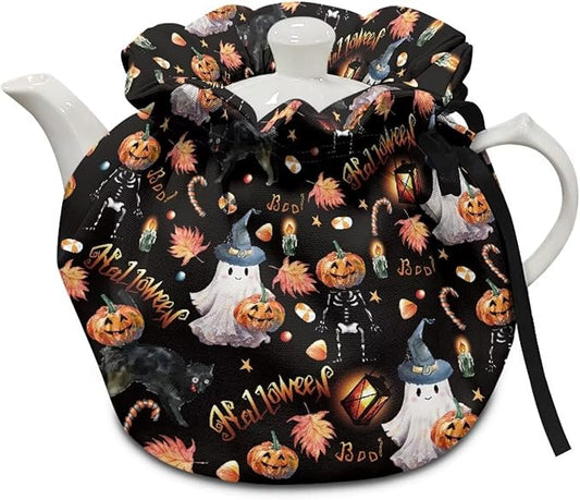 Pumpkin Tea Cozy for Teapot Insulated Ghost Tea Kettle Cover for All Saints' Day Party Keep Warm Tea Pot Cover with Drawstring Home Kitchen Decor