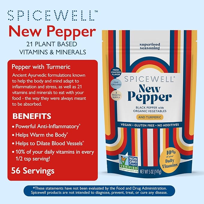 Spicewell New Pepper Pouch - Ayurvedic Black Pepper with Turmeric & 21 Plant-Based Vitamins and Minerals - Fine Ground, Fresh Cracked Flavor, 5oz