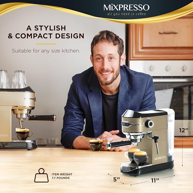 Mixpresso Professional Espresso Machine for Home 15 Bar with Milk Frother Steam Wand, Espresso Maker with Double-Cup Splitter 1450w Fast Heating, Cappuccino and Latte machine 37Oz Water Tank