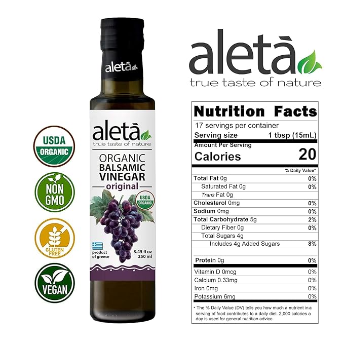 Aleta Farms Balsamic Vinegar, USDA Organic, Aged Flavored Vinegar, Perfect for Salad Dressings, Pasta, Desserts & Cocktails, Glass Bottle, 8.45 fl oz (Plain)