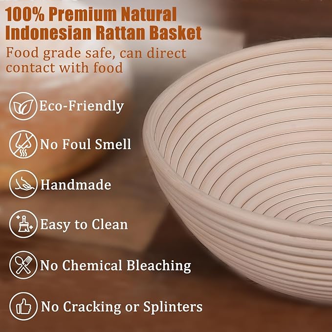 Panny Banneton Basket, Banneton Bread Proofing Basket with Liners, 9" Round & 10" Oval Sourdough Starter Kit, Sourdough Bread Baking Supplies, Bread Making Tools, Natural Rattan Proofing Bowls Baskets