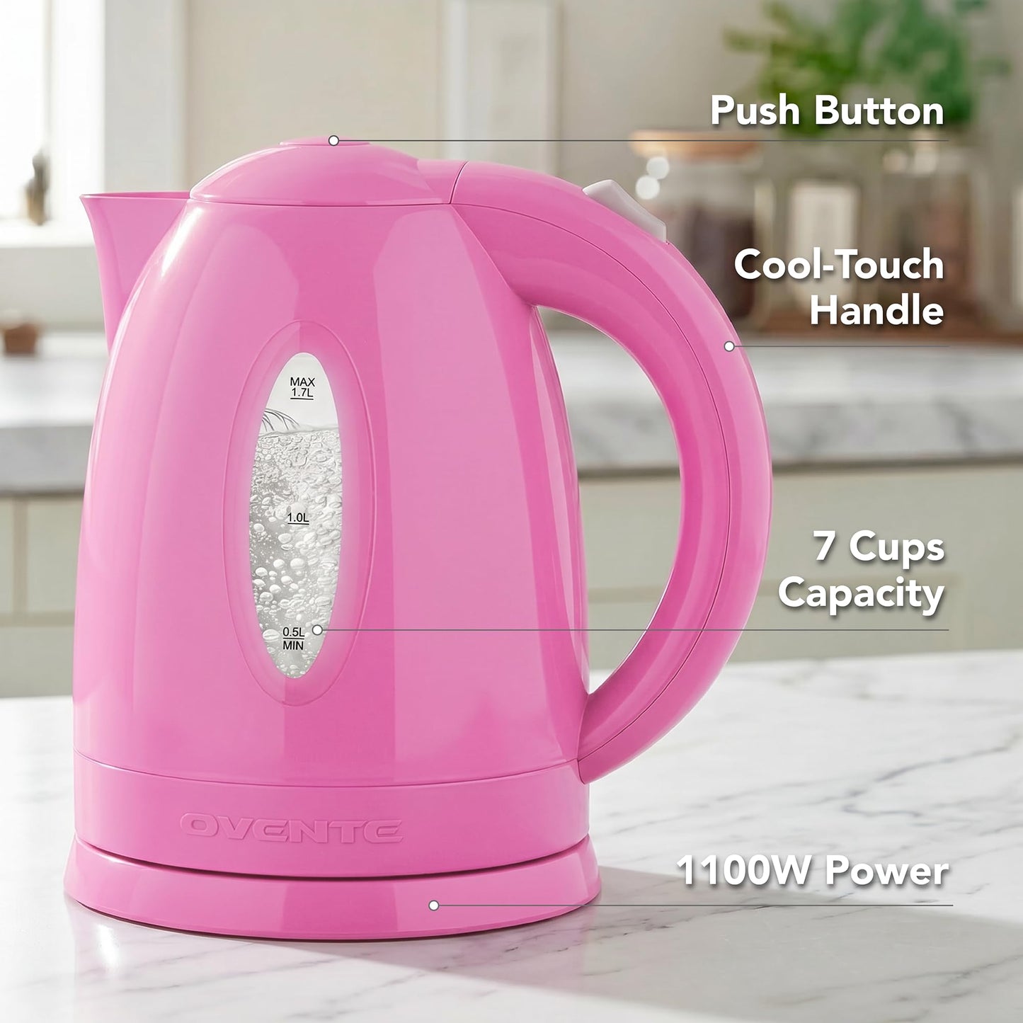 OVENTE 1.7L Electric Kettle with 1100W Fast Boiling Water, Pink KP72P