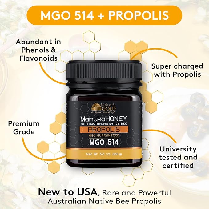 Nature’s Gold Raw Manuka Honey with Australian Native Bee Propolis, MGO 514+ | 8.8oz (250g), 100% Pure Genuine Traceable Hive to Home