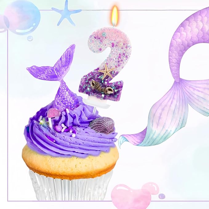 Purple Mermaid Party Number 2 Cake Candles, 2.76 inch Birthday Candle, Cake Topper Decoration for Birthday Party (Number 2)
