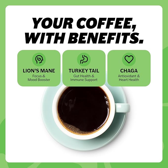 Gut Health Organic Mushroom Coffee Focus and Gut Support with Boosting Immunity and Elevates Mood | Healthy and Organic Lion's Mane, Turkey Tail, Chaga Mushroom | 30 Servings, 0 Sugar, 0 Calories