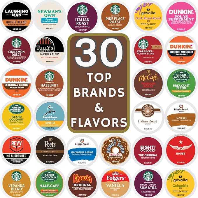 Top Brand Name K-Cup Variety Pack Sampler, Includes 30 Unique Pods Flavored & Unflavored Dark, Medium & light Roast, Includes Dunkin, Gloria Jean's, Green Mountain, Gevalia, Tully's, Intelligentsia, Revv And More