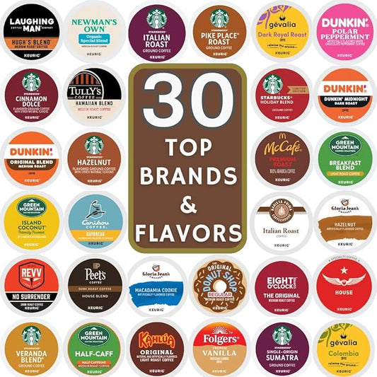 Top Brand Name K-Cup Variety Pack Sampler, Includes 30 Unique Pods Flavored & Unflavored Dark, Medium & light Roast, Includes Dunkin, Gloria Jean's, Green Mountain, Gevalia, Tully's, Intelligentsia, Revv And More