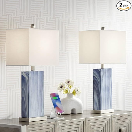 360 Lighting Connie Modern Table Lamps 25" Tall Set of 2 with USB Charging Ports Blue Faux Marble White Rectangular Shade for Bedroom Living Room House Desk Bedside Nightstand Office Family