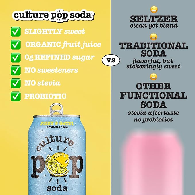 Culture Pop Soda, Ginger Lemon & Turmeric, Probiotic Low Sugar Soda, Sparkling Juice Alternative, Non-GMO, Kosher, Gluten-Free, No Stevia (12pk)