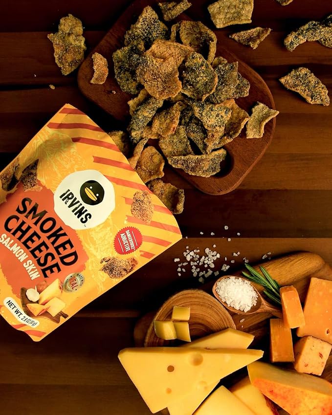 IRVINS Smoked Cheese Salmon Skin Chips Crisps | Premium Hand Cooked | Halal | High Protein | Keto-Friendly | 2.8 oz (Pack of 3)