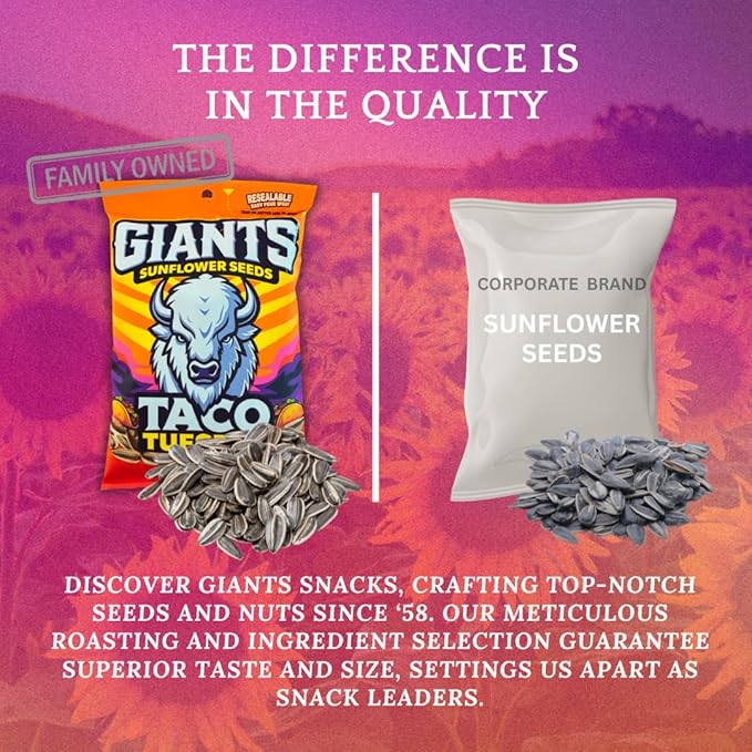 GIANTS Taco Tuesday Sunflower Seeds - Sunflower Seeds to Eat, High Protein Snack, Zesty Taco Seasoning, Source of Vitamin E & Fiber Content - 5 oz Resealable Bags (Pack of 3)