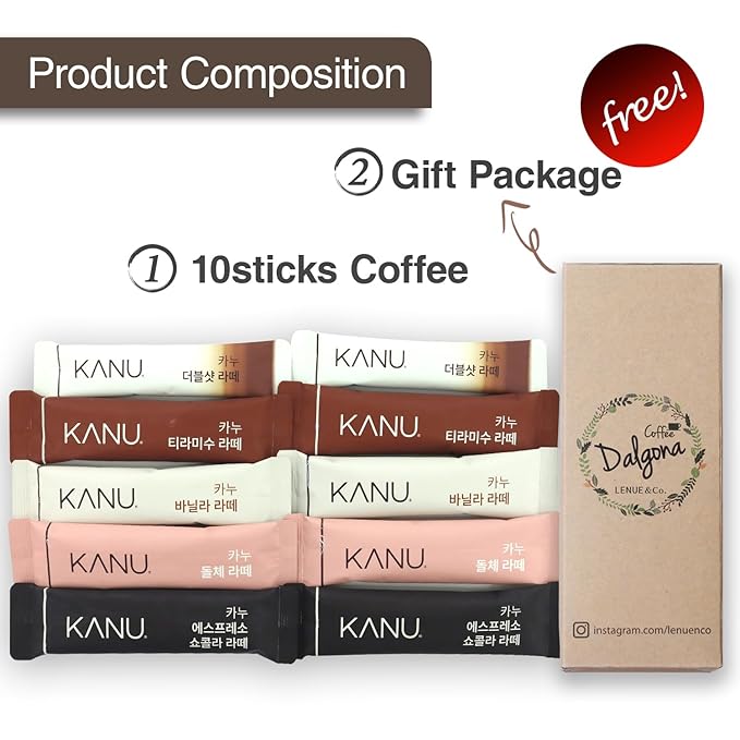 KANU Latte - Korean Maxim 3 in 1 Instant Coffee Variety Sample Packets with Gift Box Set, Camping Essentials, KANU Latte 5 Mix Combination 10 Sticks
