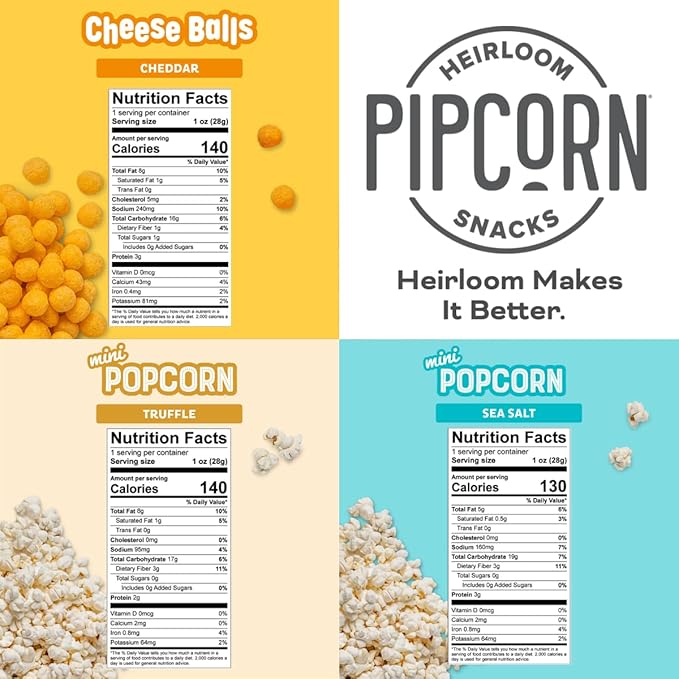 Heirloom Snack Variety Pack by Pipcorn - 1oz 24pk - with Cheese Balls and Mini Popcorn, Healthy Snacks, Gluten Free Snacks, Snack Variety Packs, Heirloom Corn