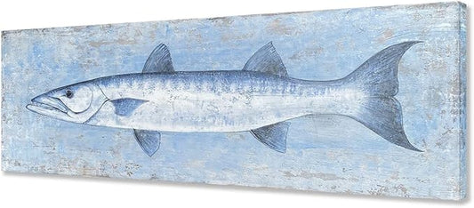 Yihui Arts Blue and White Fish Canvas Wall Art ??Coastal Paintings with Textured for Living Room Bedroom Bathroom Decor