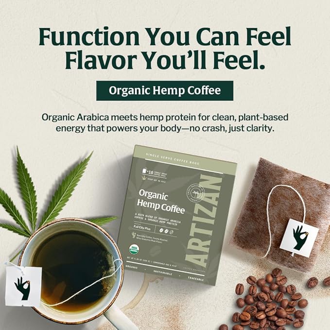 Artizan Organic Hemp Coffee Bags – Single Serve | Full City Plus Roast | 10 Count | Specialty Grade, Craft Roasted, Nitro-Sealed, Compostable