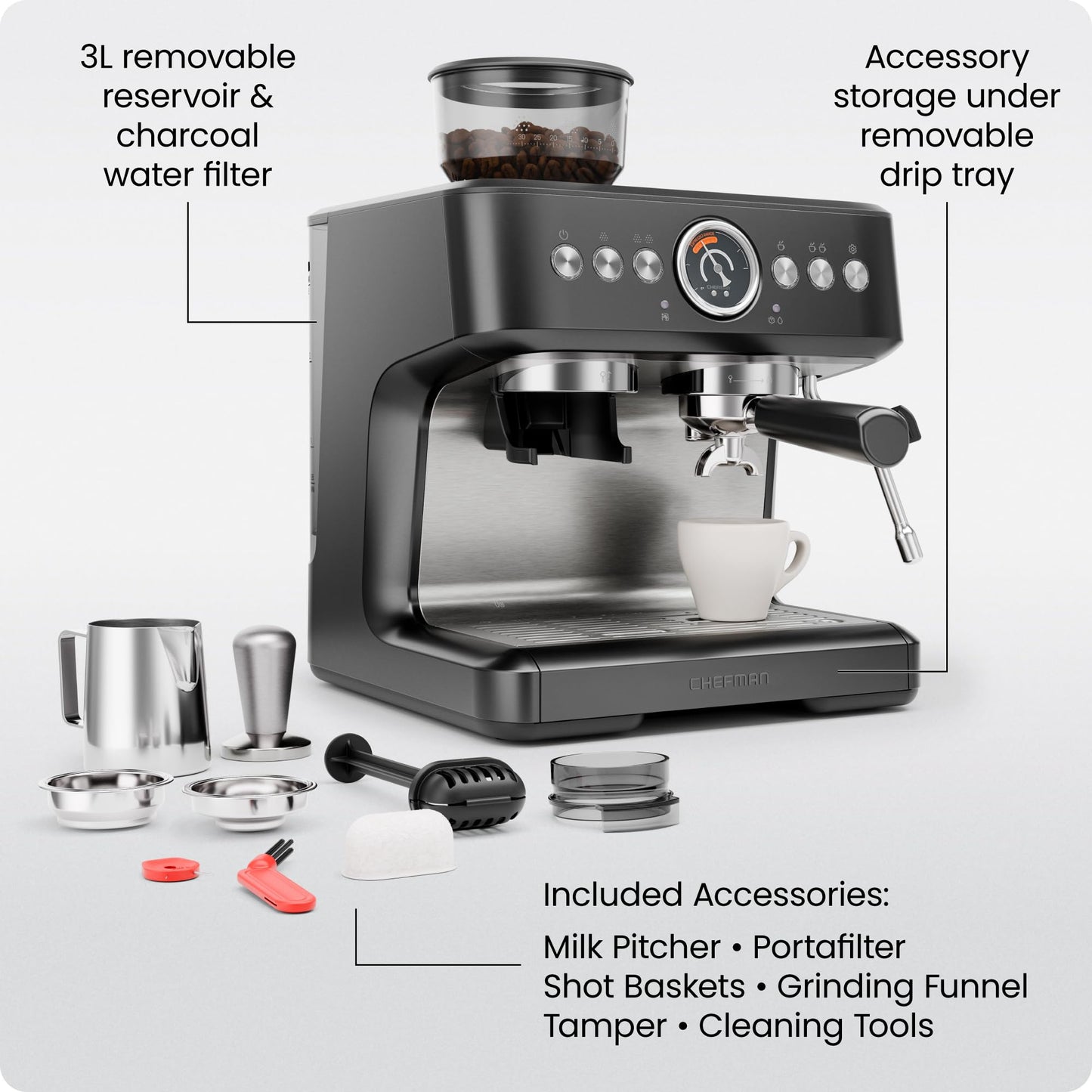 Chefman Crema Deluxe Espresso Machine with Double Boiler, Use Milk Frother and Brew Espresso