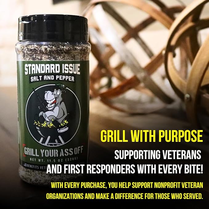 Standard Issue Salt & Pepper by Grill Your As Off - Premium Gourmet Black Pepper & Salt Great for Meat, Poultry, Seafood, Pasta, & Veggies - Use for Marinating - Veteran Owned - 11.5 Oz
